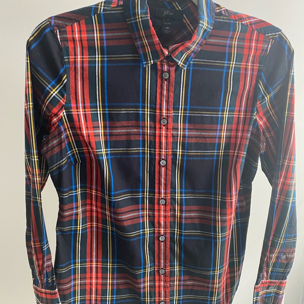 J. Crew Tartan Stewart Preppy Plaid Button Front Shirt Blouse Top Sz 4P Slim